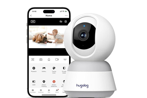 Hugolog 3K 5MP indoor pan/tilt security camera with AI and night vision.